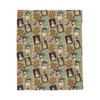 Plush blanket with retro Christmas watercolor design draped over a sofa for cozy holiday décor