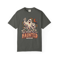 Pepper Comfort Colors 1717 Halloween mahjong T-shirt with a ghost holding a tile and “The Discard Pile Is Haunted (Obviously)” lettering.