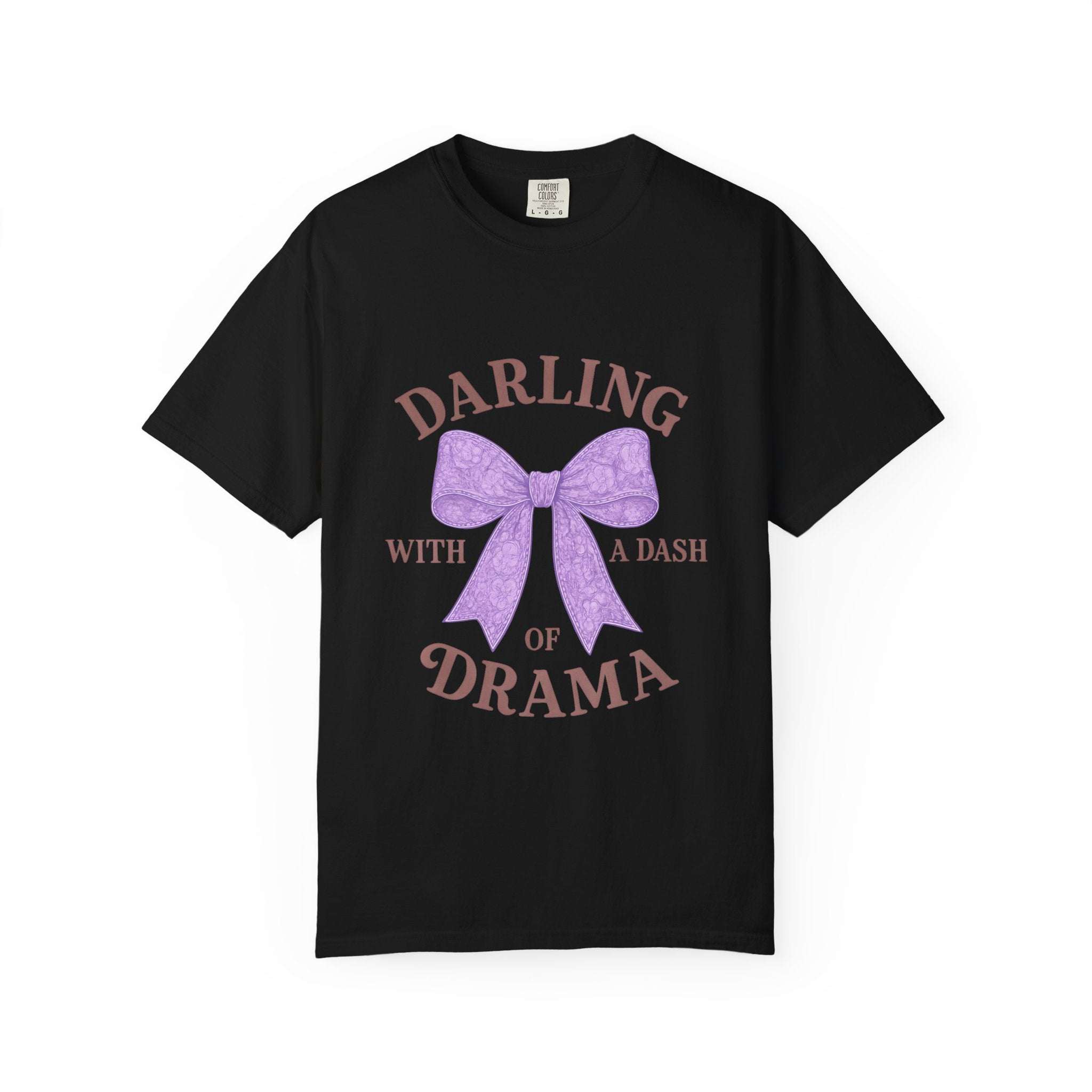 Black t-shirt with a purple bow and text on a white background