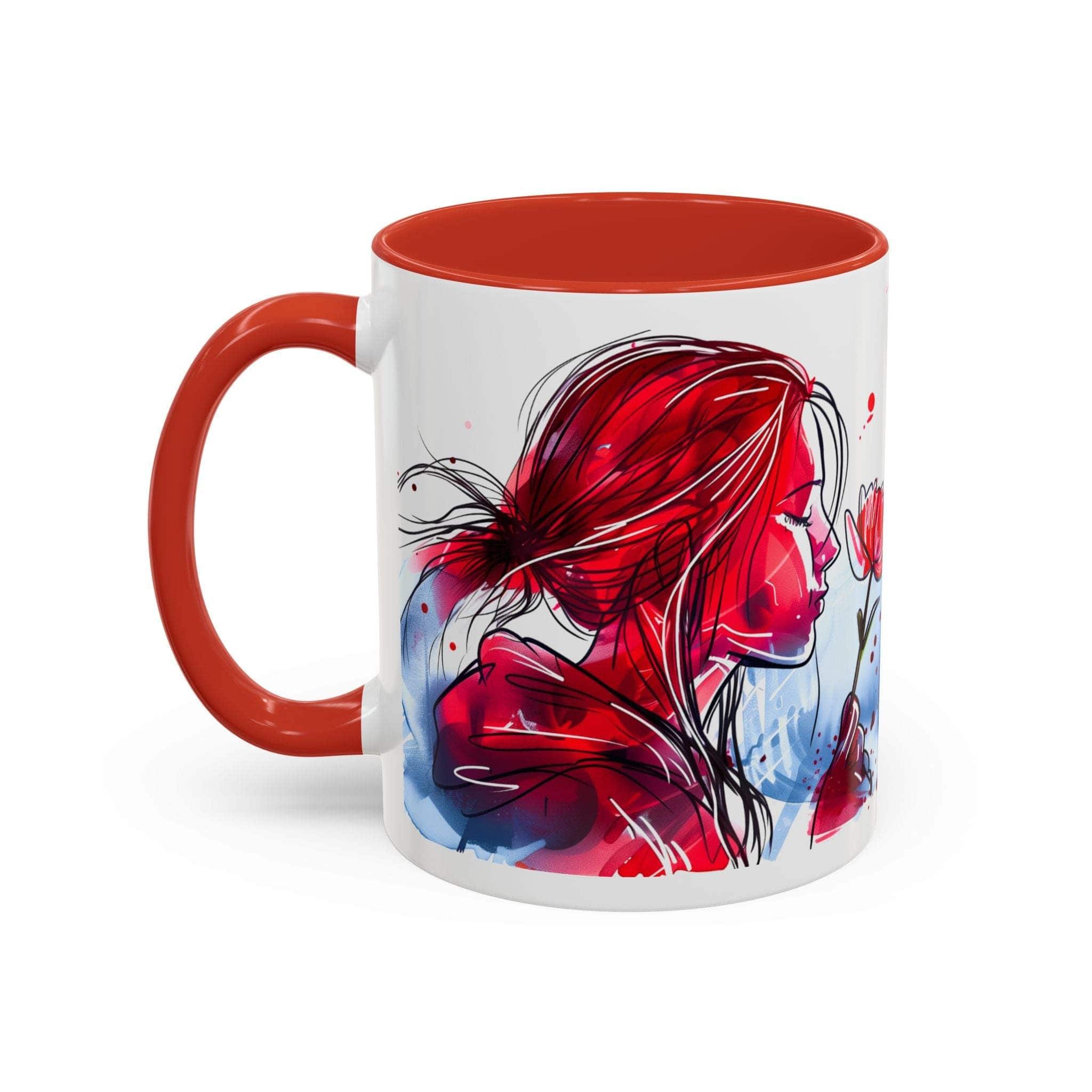 Mug with red interior and handle, featuring a artistic design of a woman with red hair on a white background.