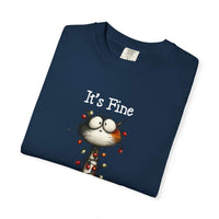 Navy cat t-shirt with "It's Fine" text and small cat illustration featuring lights, soft garment-dyed cotton for casual wear.
