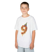 Kids tee with 9th birthday pizza slice graphic wearing party hat