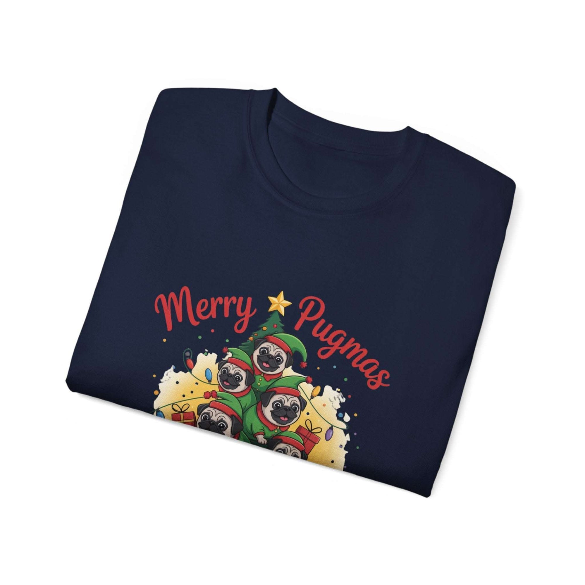 Black Merry Pugmas holiday t-shirt from Printify, featuring festive pug design for dog lovers.