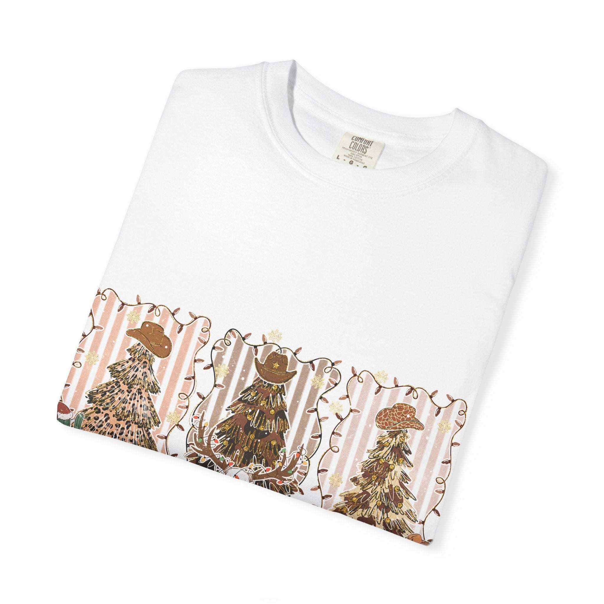 Cowboy Howdy Christmas t-shirt with festive tree and cowboy hat design on white cotton fabric