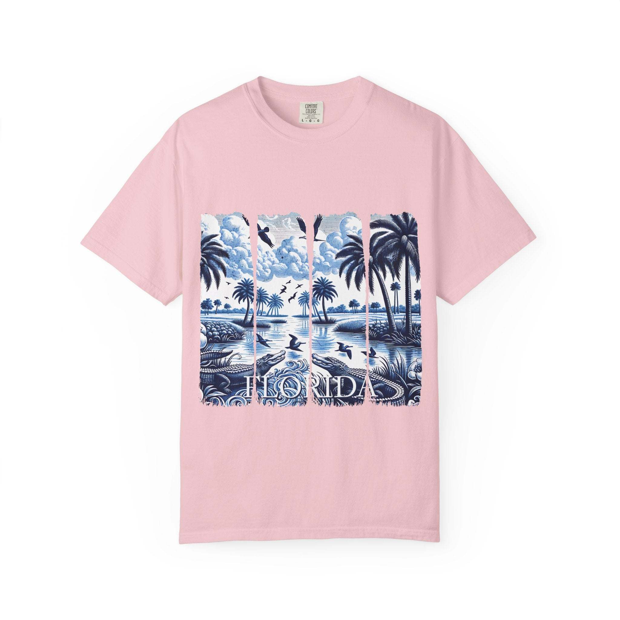 Blue Chinoise Brushstroke T-Shirt with soft blue chinoiserie brushwork on garment-dyed cotton