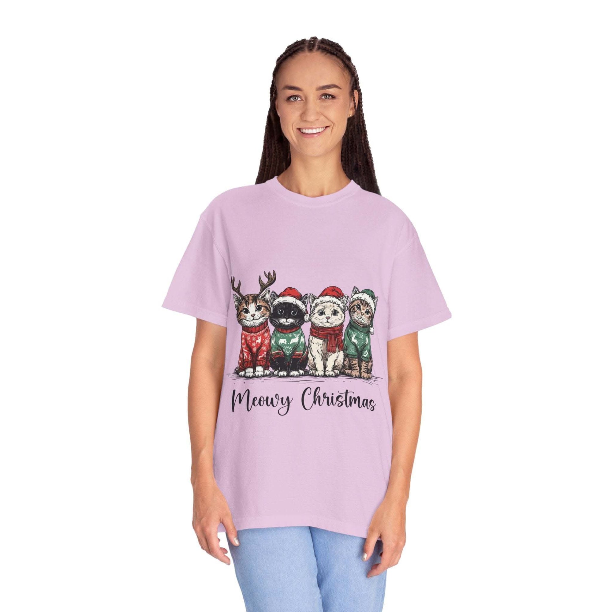 Bay Cat Lover T-shirt with Meowy Christmas design from Printify, perfect festive gift for cat enthusiasts.