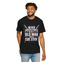 Man wearing a black t-shirt with a humorous design and text.
