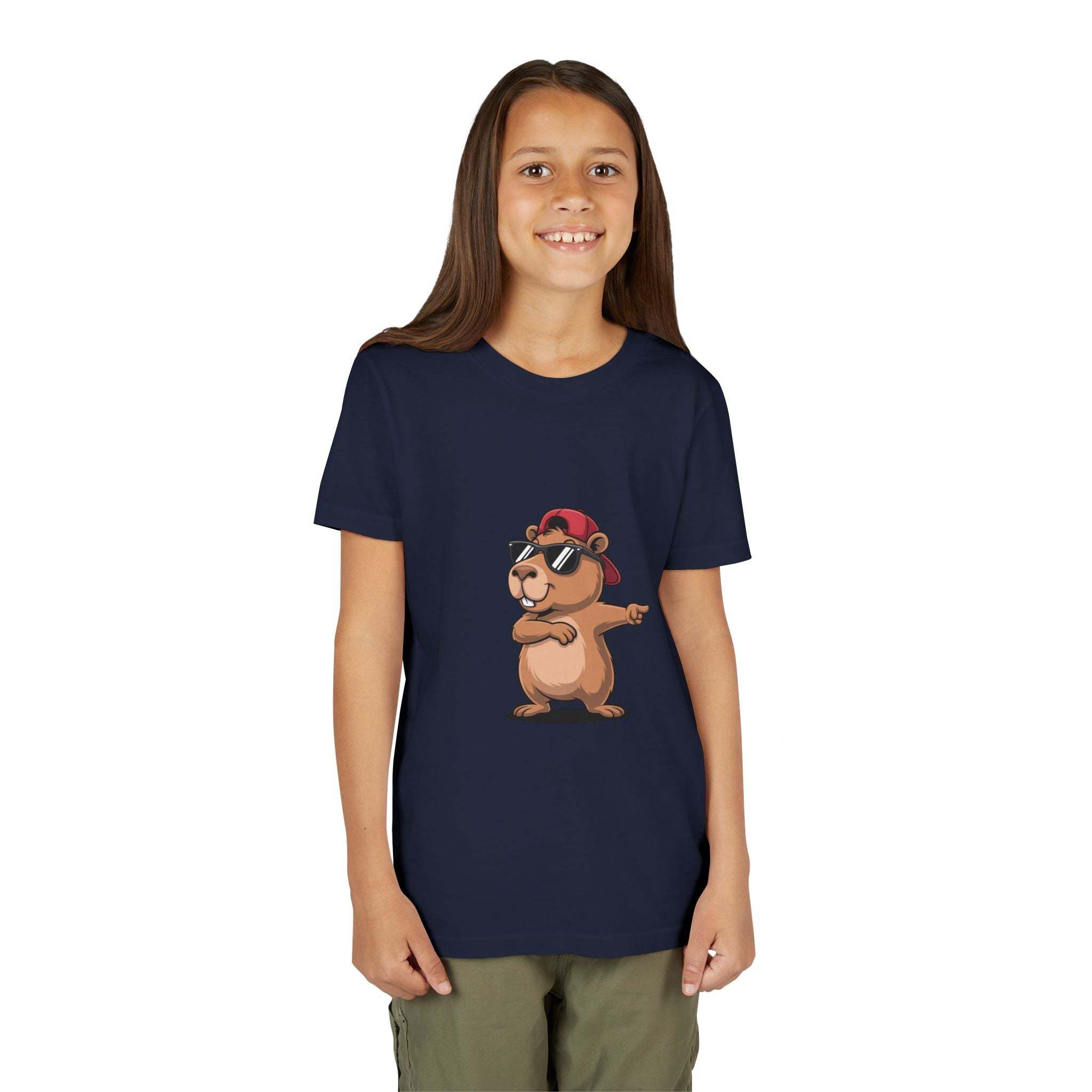 Youth tee with cool capybara in hat and sunglasses design