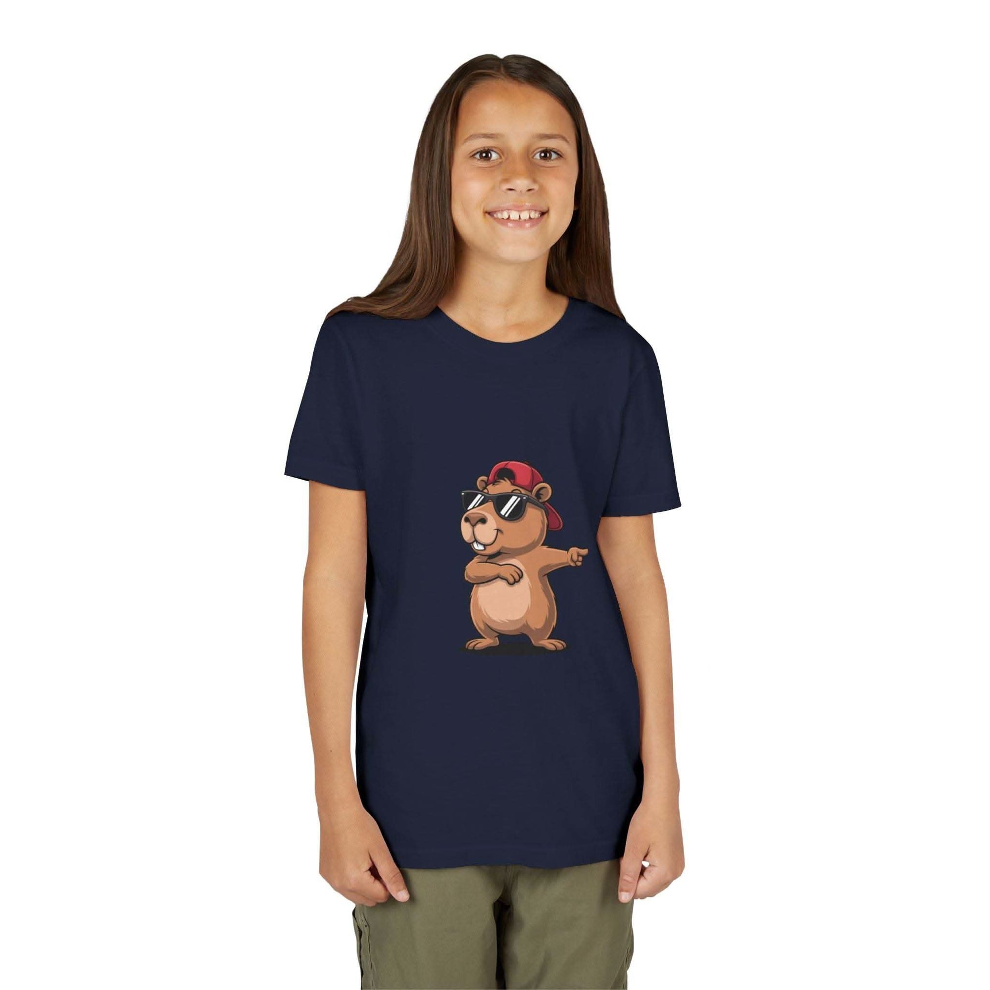 Youth tee featuring a cool capybara wearing a hat and sunglasses, perfect for playful summer style