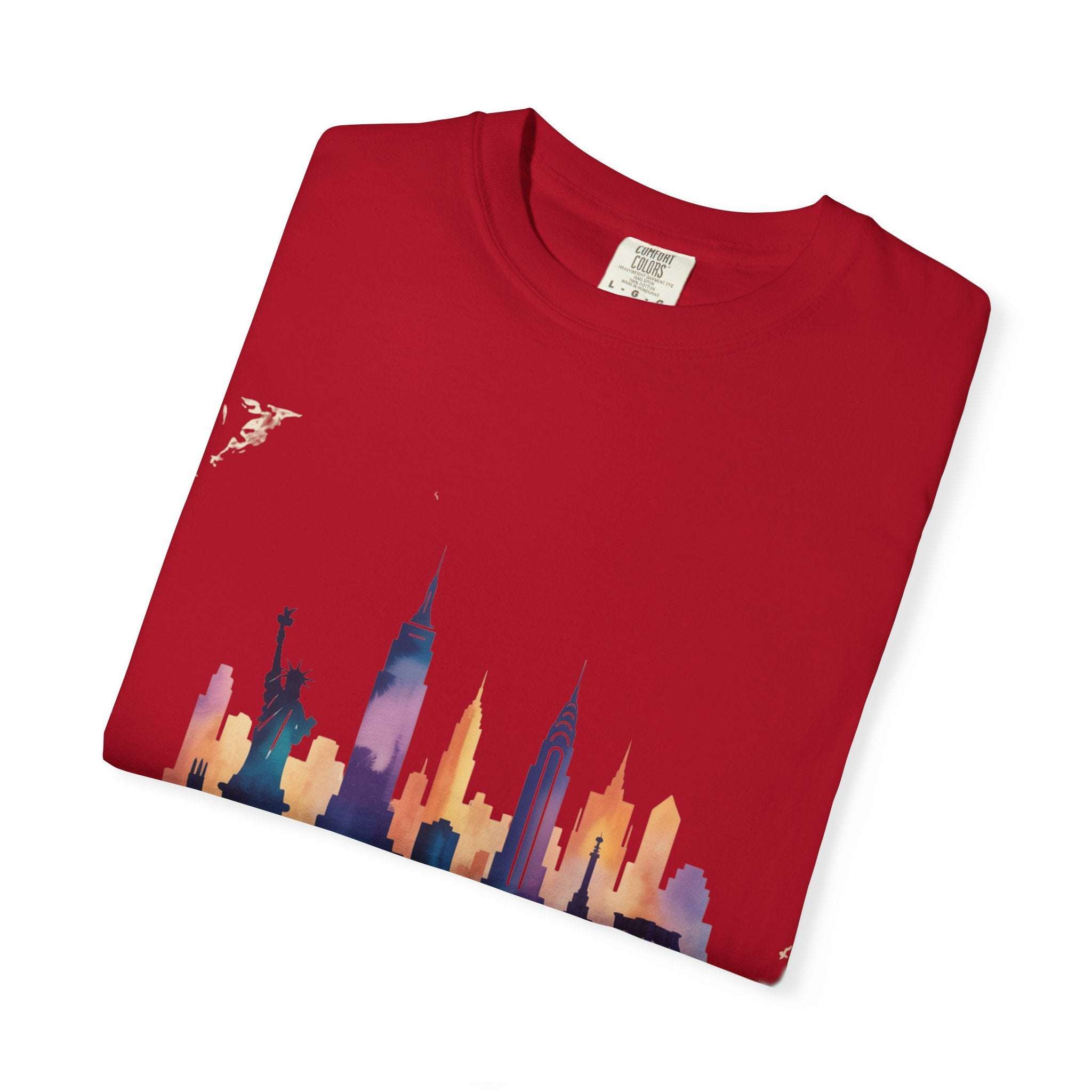 Red garment-dyed T-shirt with New York City skyline and "New York State of Mind" design