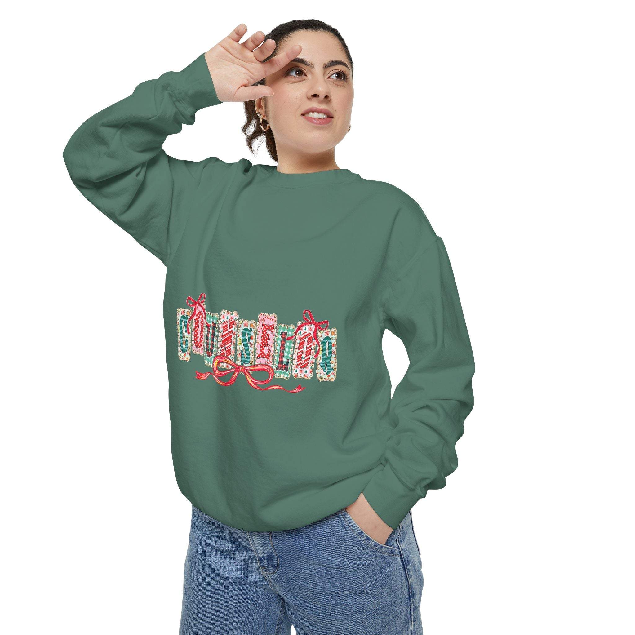 Garment-dyed True Navy sweatshirt with festive Christmas design, perfect for holiday gifting, by Printify