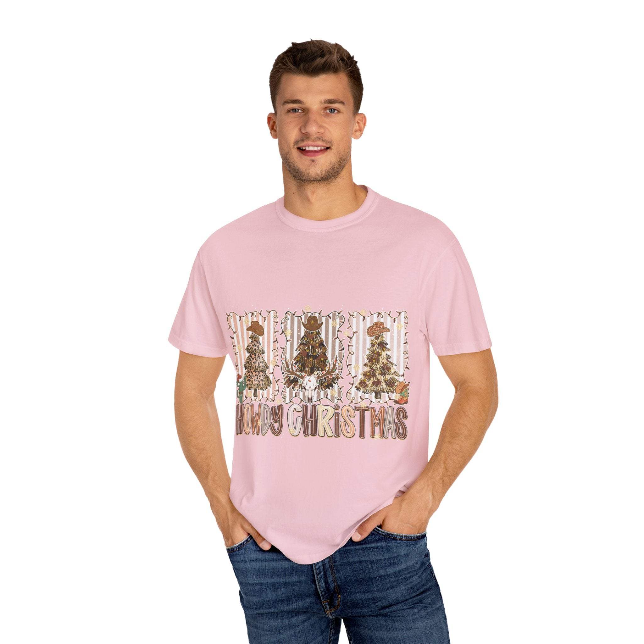 Cowboy Howdy Christmas t-shirt with festive cowboy tree design on pink Cotton tee