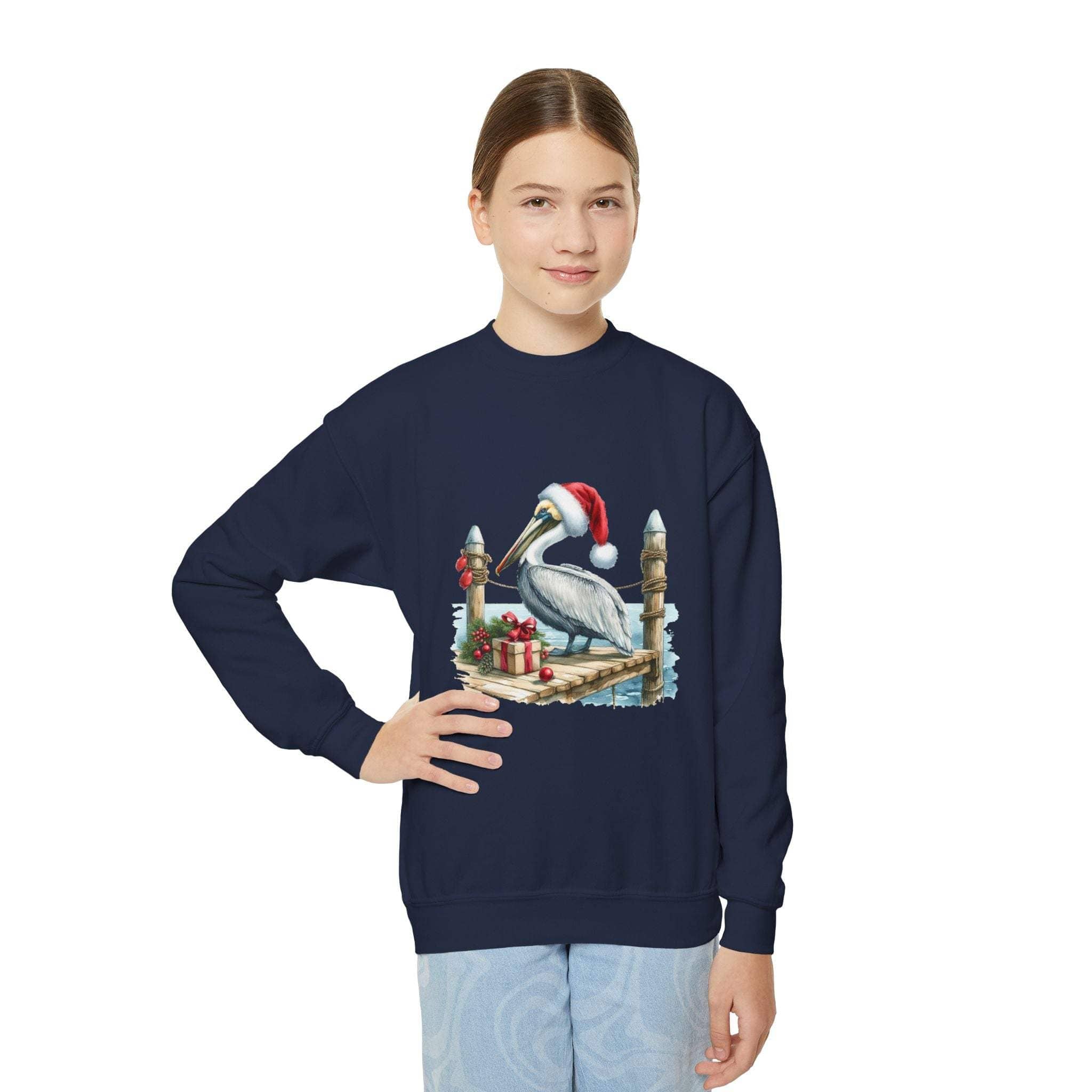 Youth navy crewneck sweatshirt with embroidered pelican wearing a Santa hat and holiday gifts design