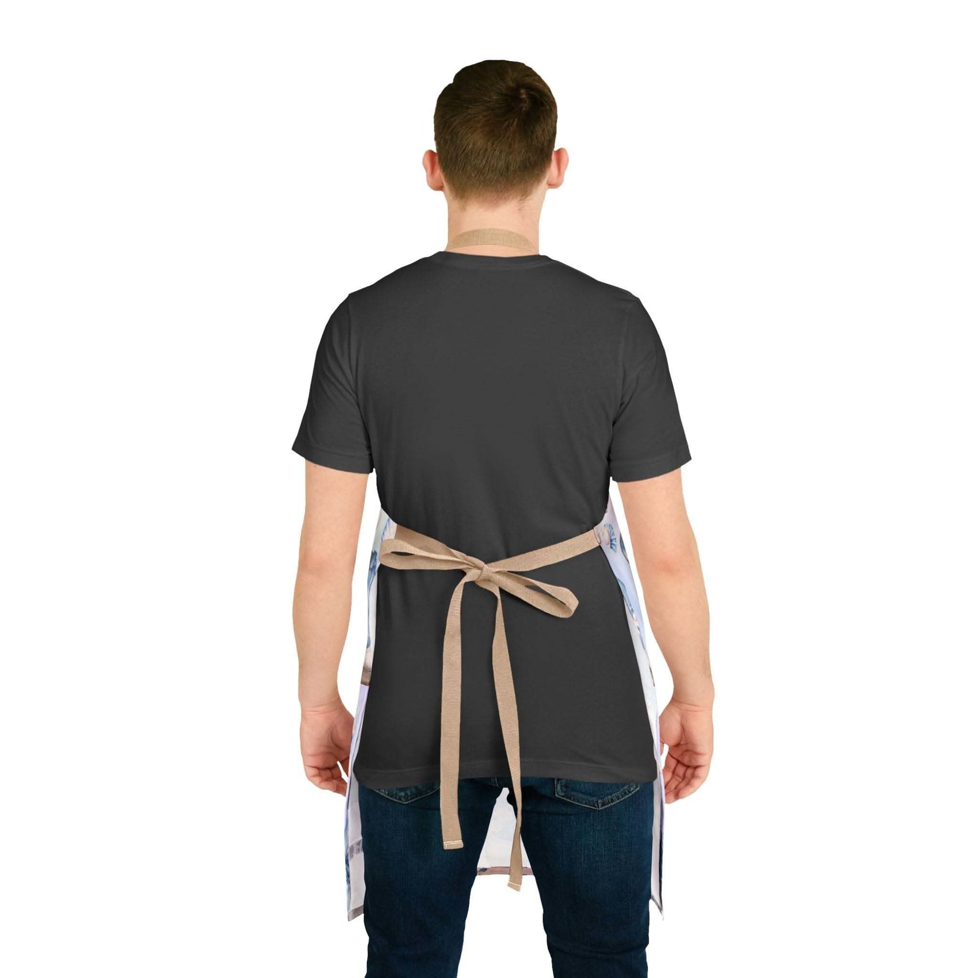 Man wearing Pastel Coastal Cowgirl apron with tied straps on white background