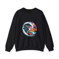 Navy Santa sweatshirt featuring a surfing design, perfect for holiday beachwear by Printify.