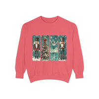 Vintage Christmas Nutcracker watercolor sweatshirt with nutcracker, Christmas tree, and ballerina design on red cozy fabric