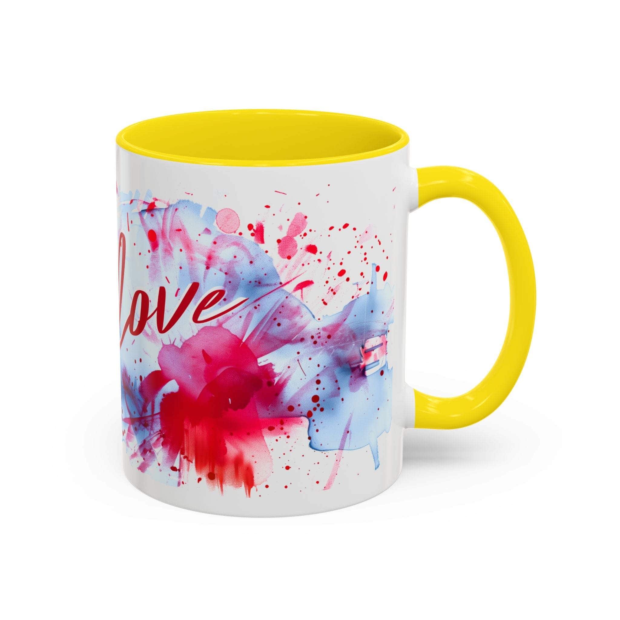 Mug with colorful abstract design and 'love' text on a white background