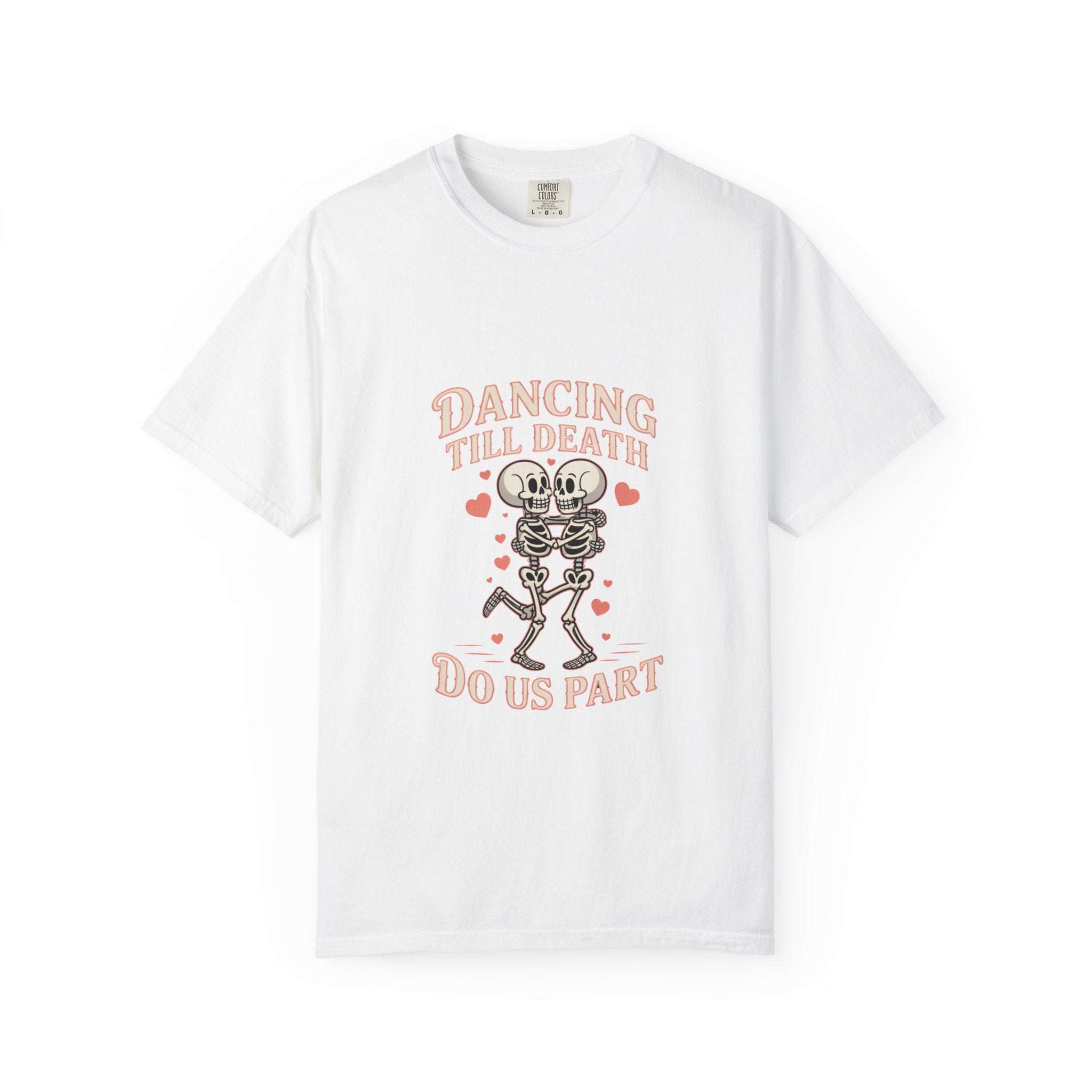 Black heavyweight t-shirt with bold Dancing Till Death Do Us Part print and faded vintage look