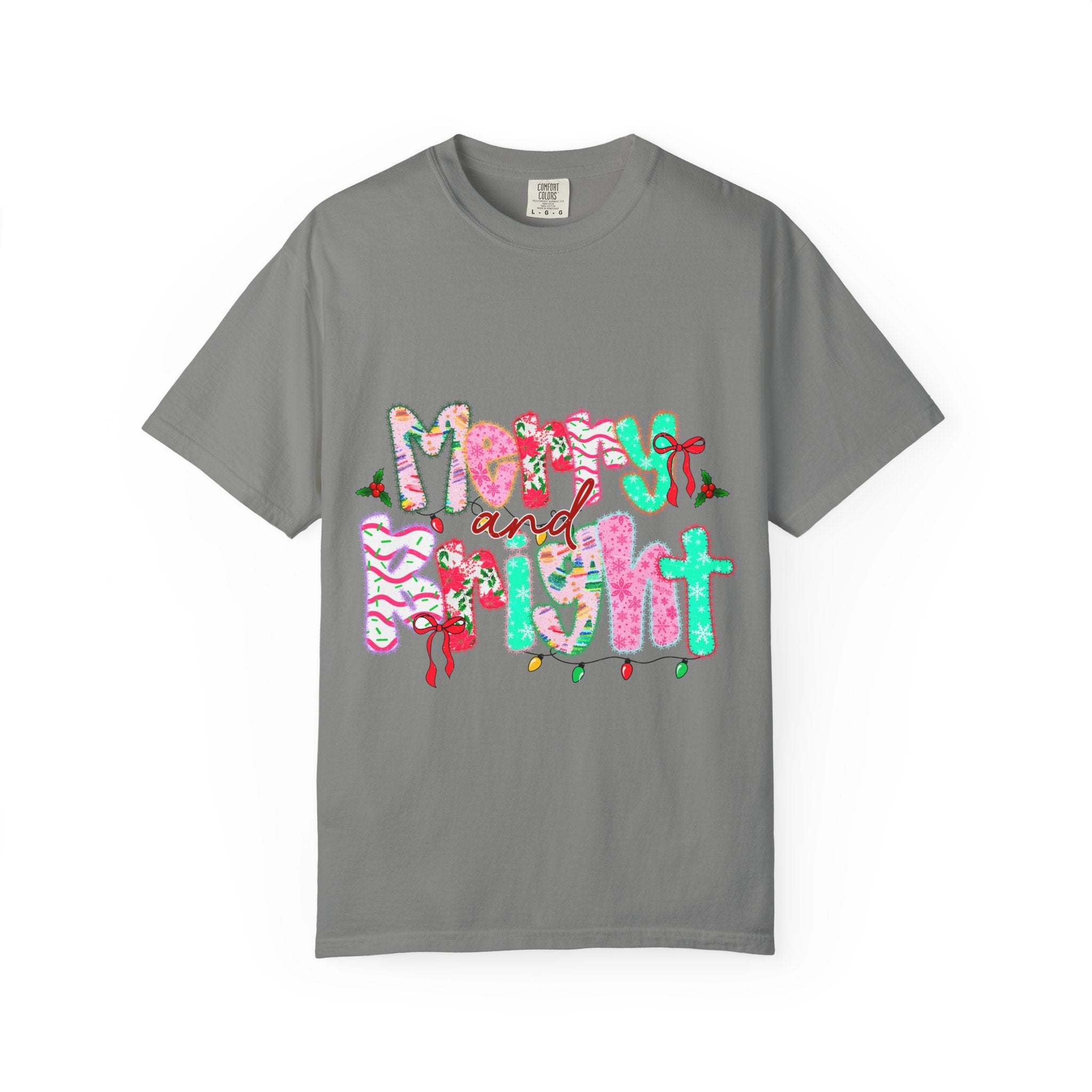 Merry and Bright T-shirt gray holiday tee with festive colorful lettering and Christmas details