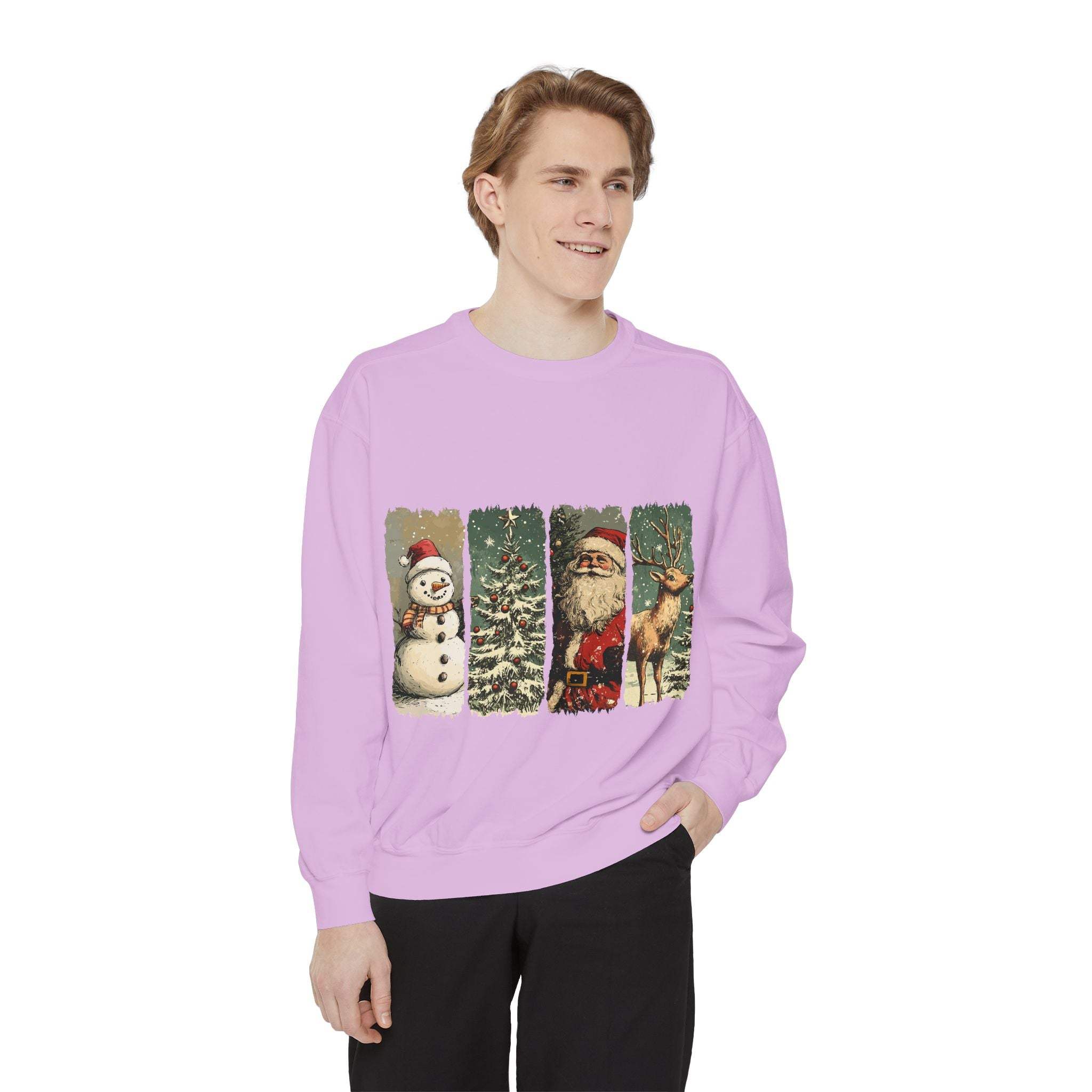 Vintage Christmas sweatshirt with watercolor snowman, tree, Santa, and reindeer design on lavender fabric