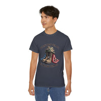 Unisex veteran T-shirt with "We Don’t Know Them All But We Owe Them All" message and patriotic design