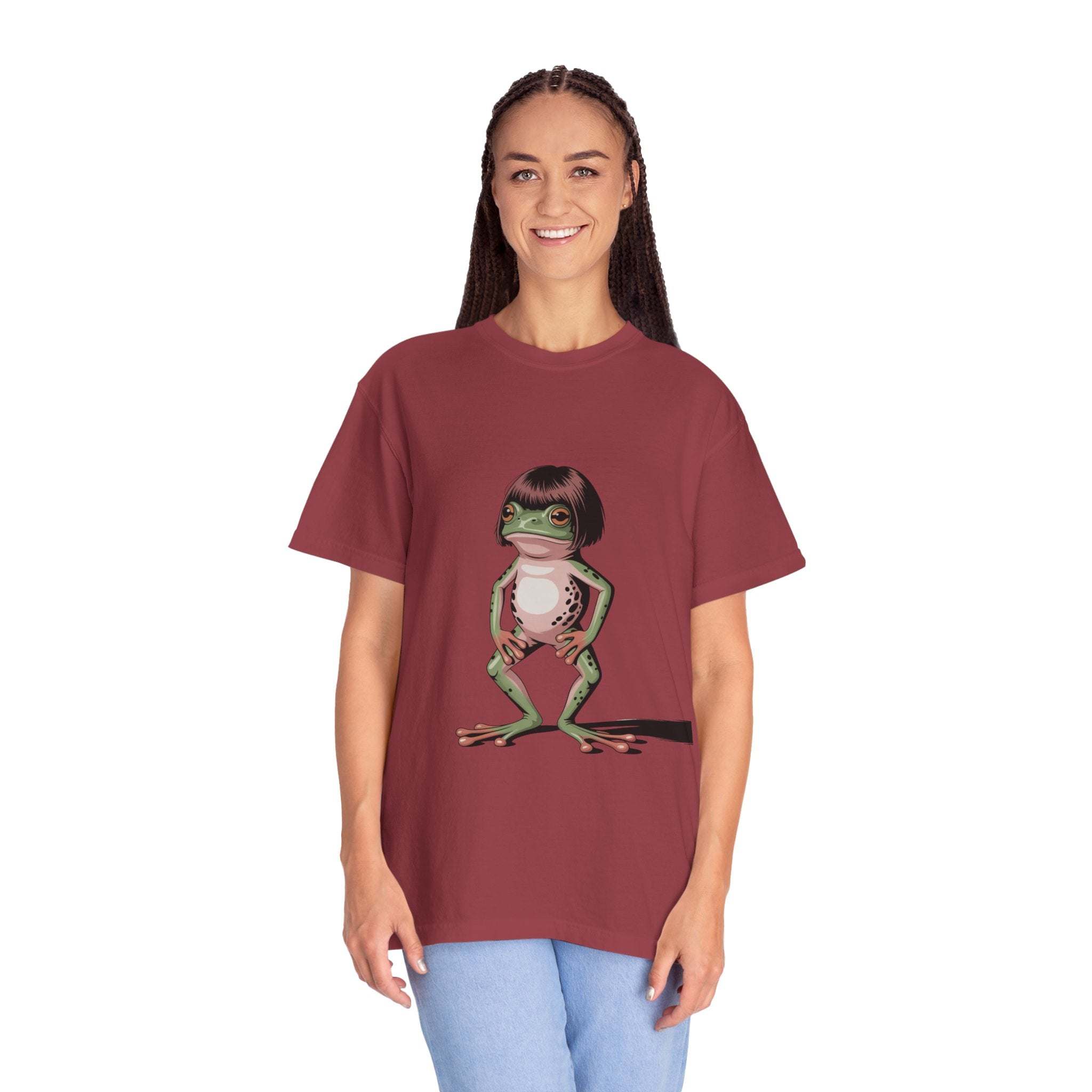 Frog with bob haircut meme on vintage-style garment-dyed t-shirt