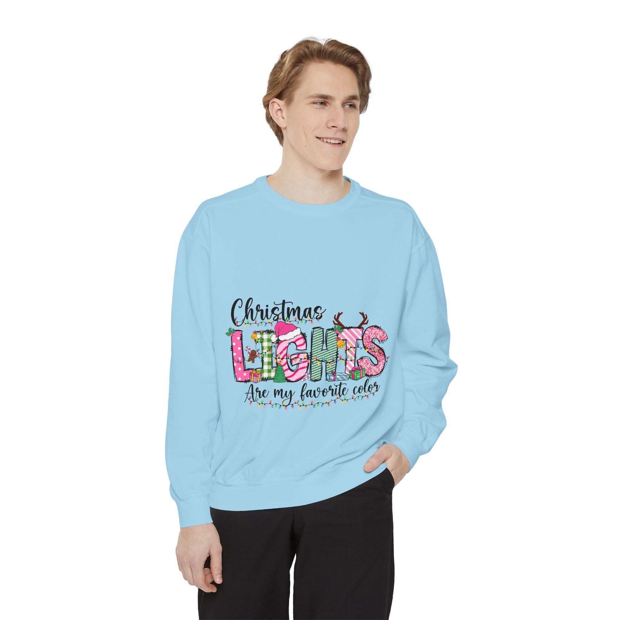 White garment-dyed sweatshirt featuring festive Christmas lights design by Printify