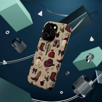 Cowboy Christmas design phone case for iPhone 17 in glossy finish by Printify, featuring festive colors and patterns.
