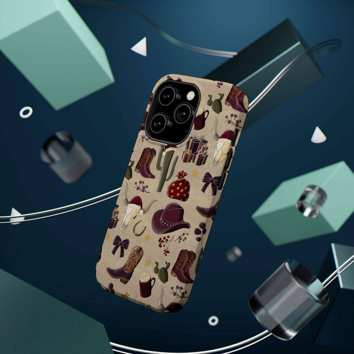 Cowboy Christmas design phone case for iPhone 17 in glossy finish by Printify, featuring festive colors and patterns.