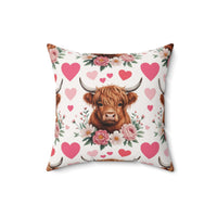 Floral Valentine Highland Cow Pillow with rustic charm and soft petals