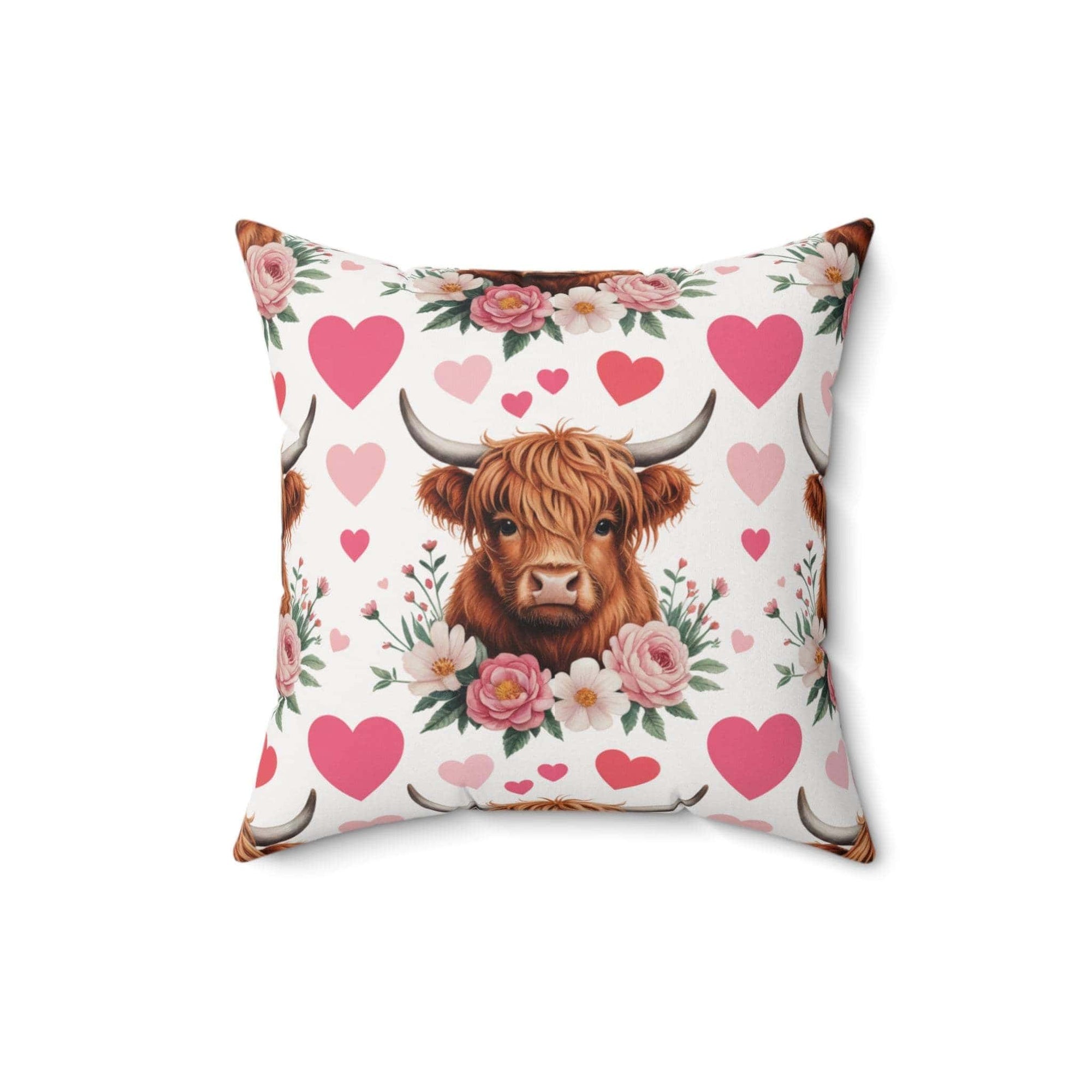Floral Valentine Highland Cow Pillow with rustic charm and soft petals