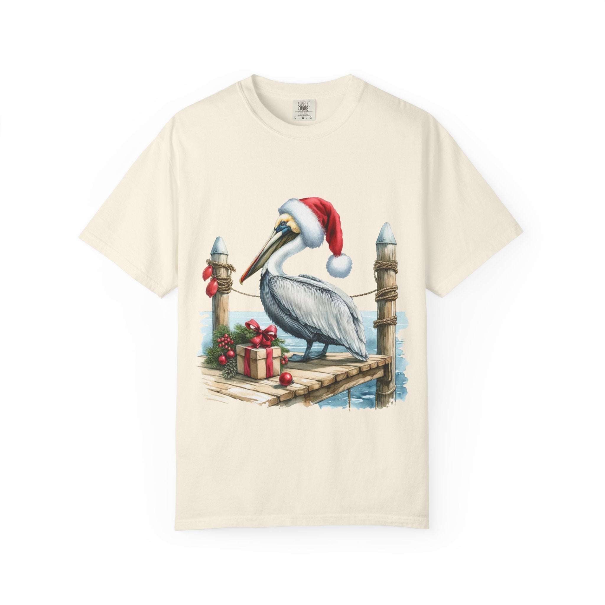True Navy Christmas T-Shirt featuring a cheerful pelican Santa design by Printify