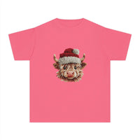 Youth tee with Santa Highland cow in faux crochet yarn style Christmas design