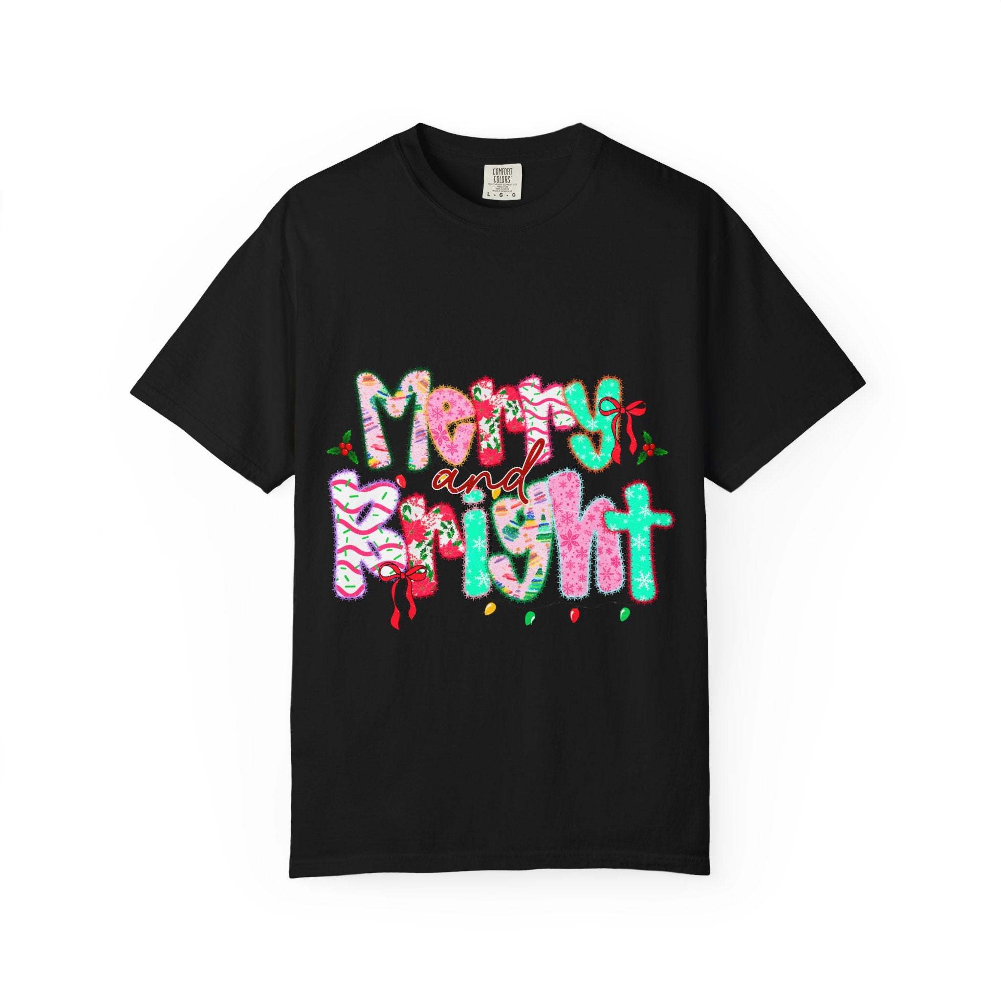 Black Merry and Bright T-shirt with colorful festive holiday text design, relaxed fit unisex cotton tee