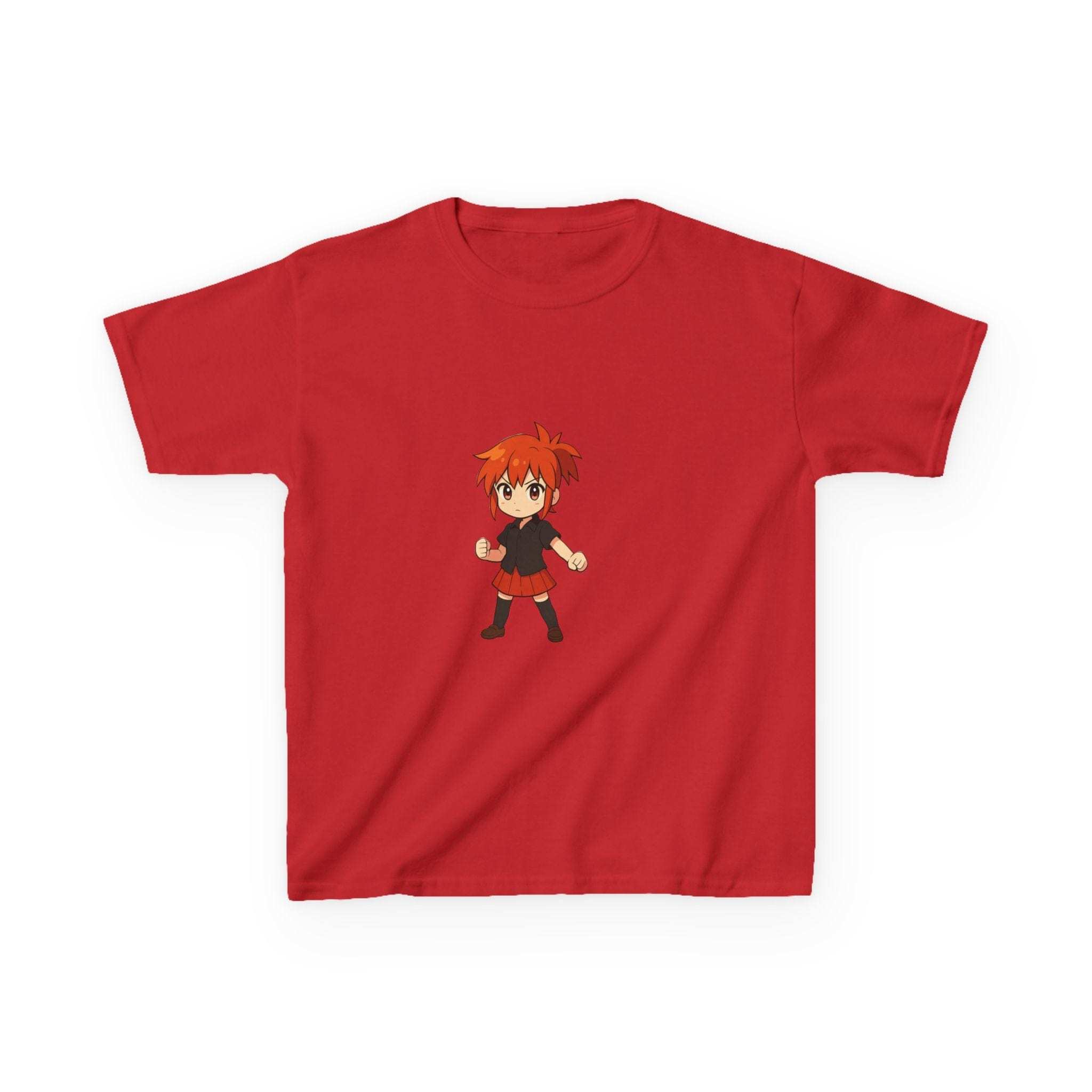 White cotton kids t-shirt featuring an anime power girl graphic, available in sizes XS, S, M by Printify