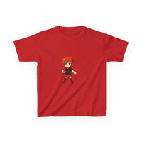 White cotton kids t-shirt featuring an anime power girl graphic, available in sizes XS, S, M by Printify