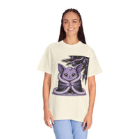Woman wearing a cream garment-dyed Gothmas Bat T-Shirt with a purple gothic bat design and holiday accents