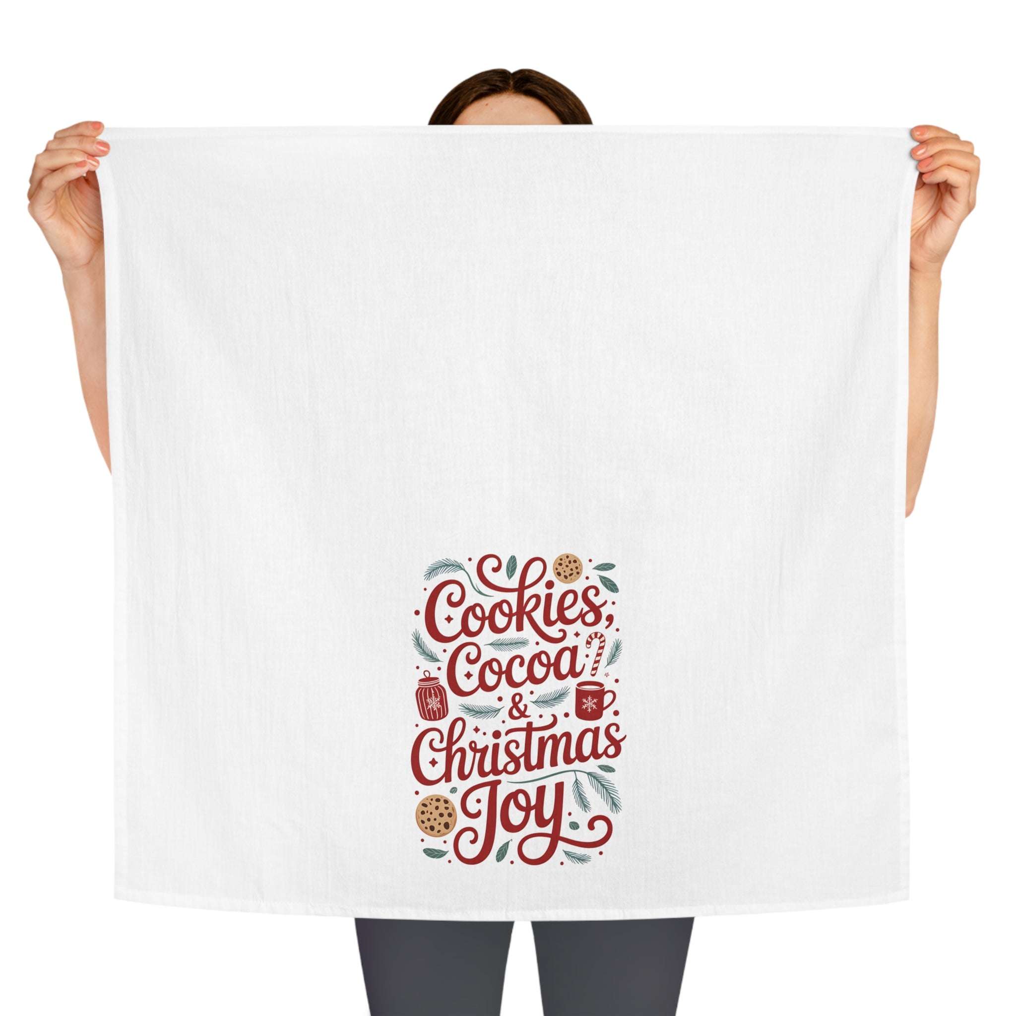 Christmas Tea Towel with festive cookies, cocoa, and Christmas joy design on white cotton fabric