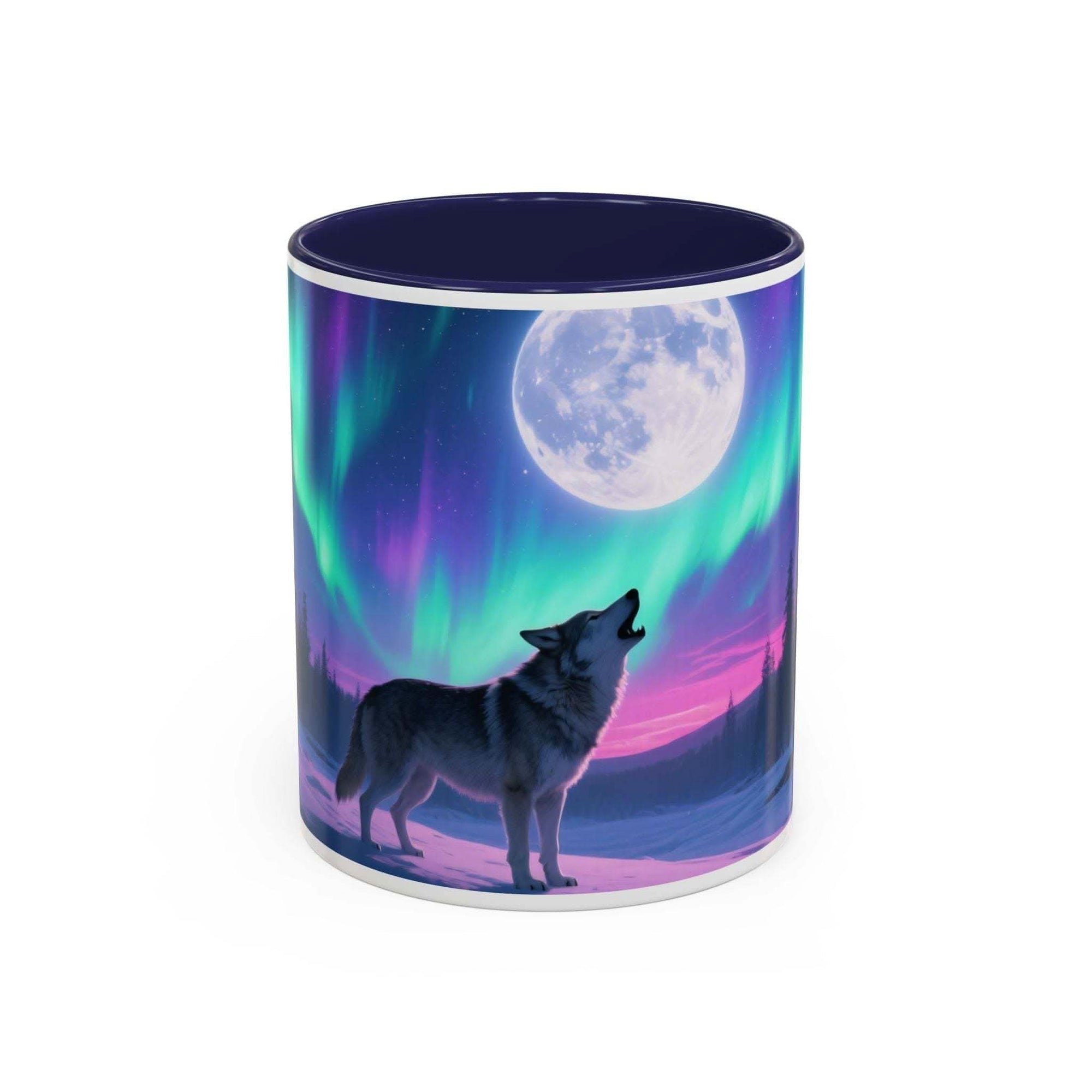 Ceramic mug with howling wolf silhouette against northern lights and full moon design, blue interior and handle, 11oz size