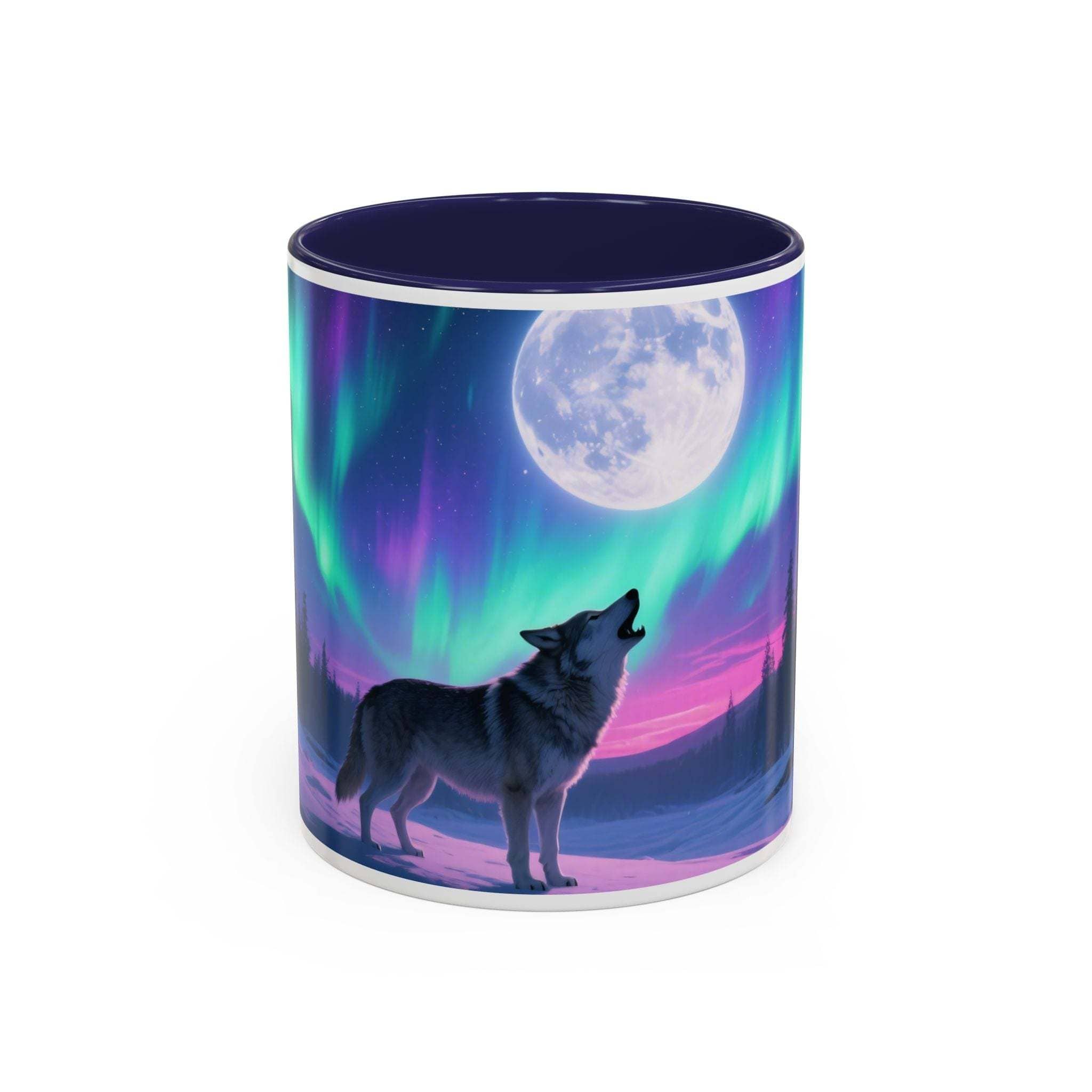 Ceramic mug with howling wolf silhouette against northern lights and full moon design, blue interior and handle, 11oz size