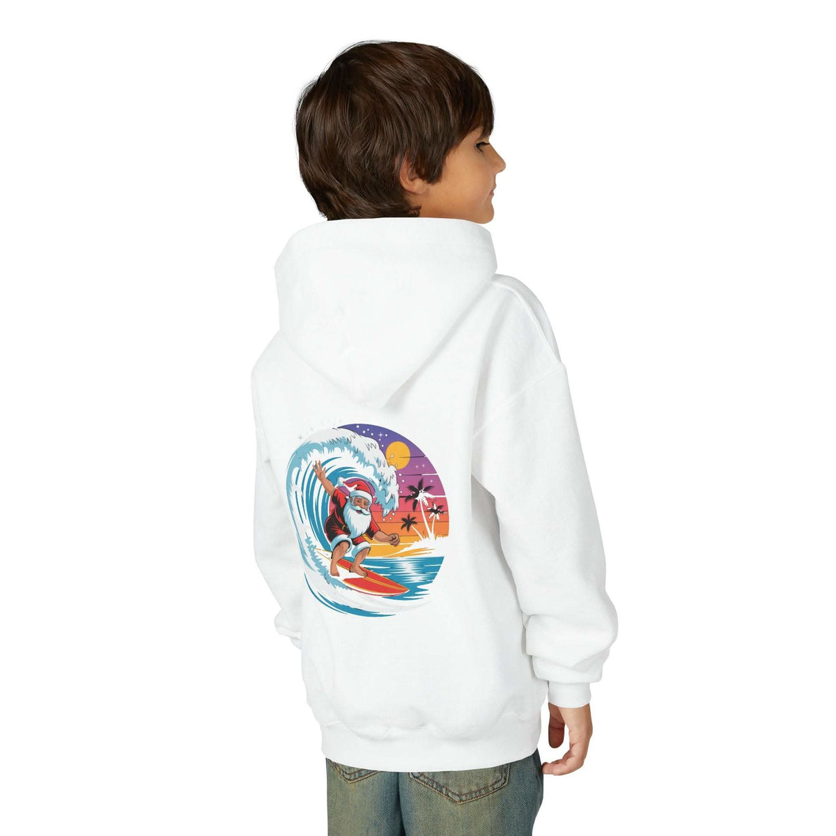 Child wearing navy Surfing Santa Hoodie with Santa surfing on wave graphic on back