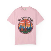 Pink garment-dyed T-shirt with Tokyo Adventures travel print and Japanese cityscape design