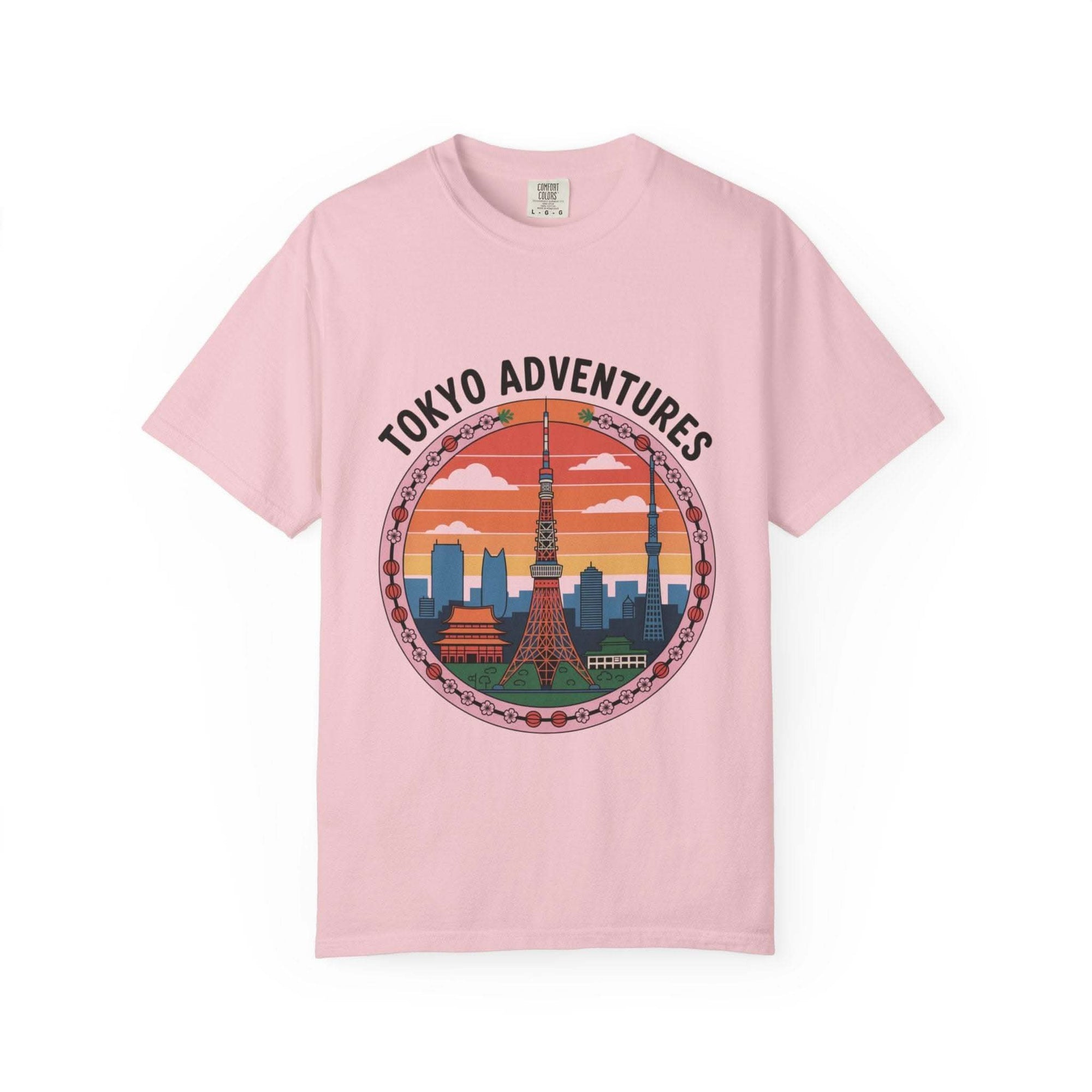 Pink garment-dyed T-shirt with Tokyo Adventures travel print and Japanese cityscape design