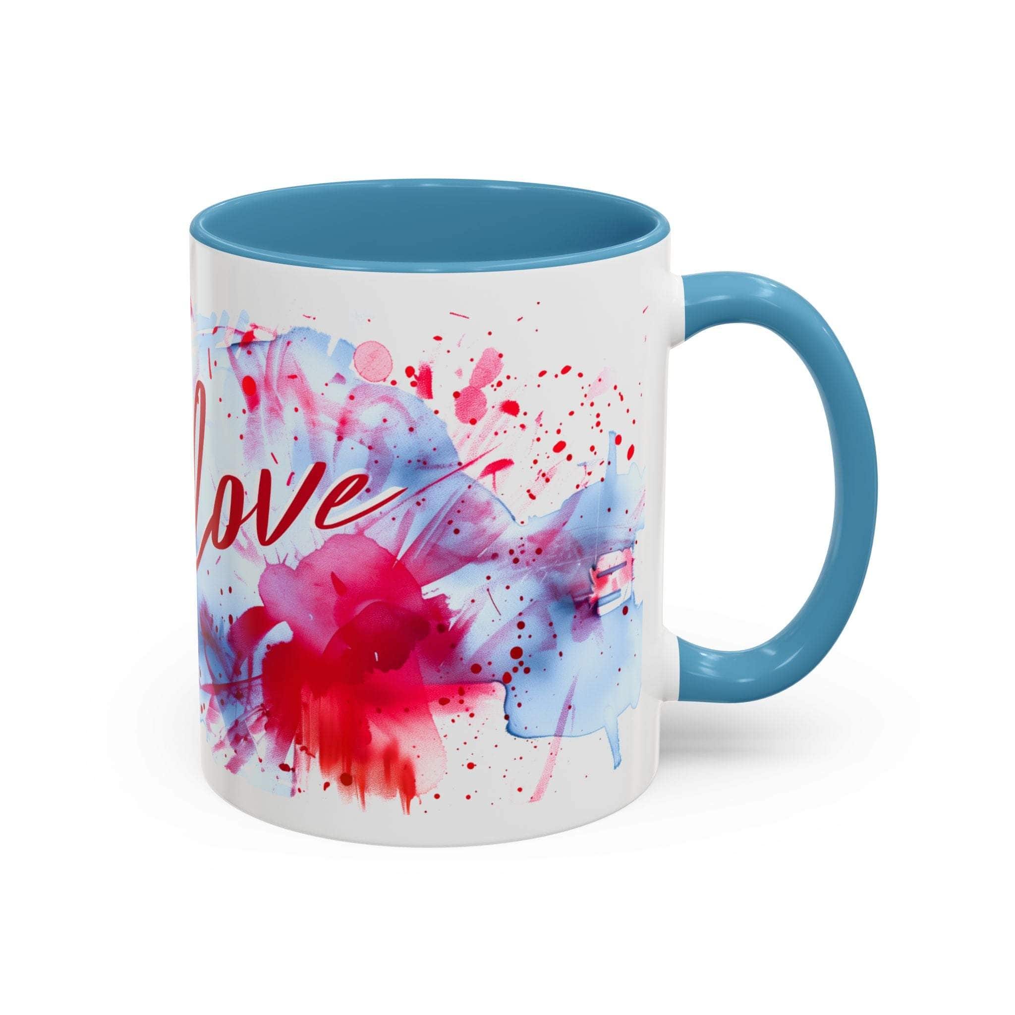 Mug with colorful abstract design and 'love' text on a white background