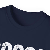 Close-up of Distressed Cocoa Cutie Tee in navy blue with vintage white lettering