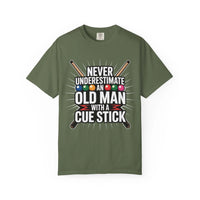 Green t-shirt with humorous text design on a white background