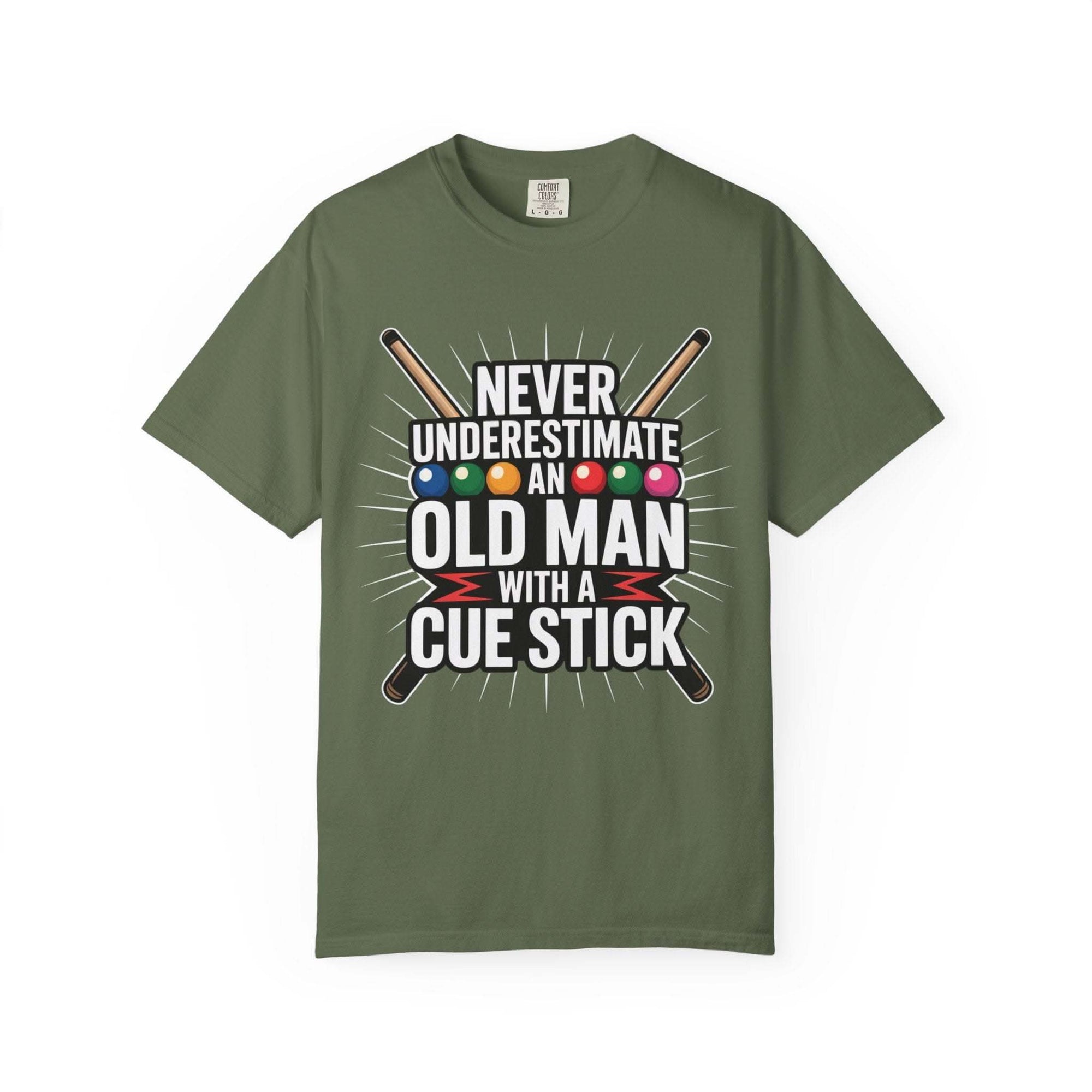 Green t-shirt with humorous text design on a white background
