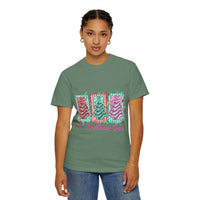 Oh Christmas Tree T-shirt with colorful decorated Christmas trees on cream garment-dyed fabric