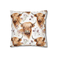 Floral Highland Cow pillowcase with floral design and double-sided print on a cozy farmhouse-style cushion cover