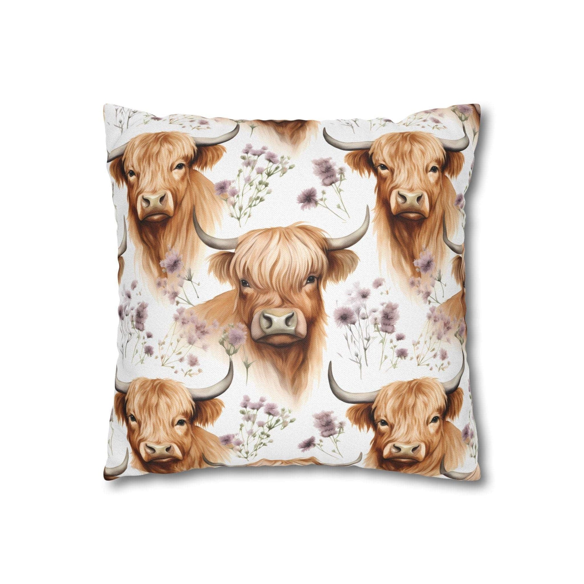 Floral Highland Cow pillowcase with floral design and double-sided print on a cozy farmhouse-style cushion cover